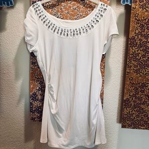 White House Black Market Ruched Sides/Sleeves Jewel Shirt Sz S